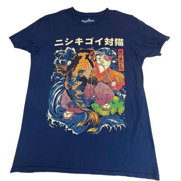 Threadless Navy Cat and Koi Asian Inspired Graphic Print Short Sleeve T Shirt - Picture 6 of 16